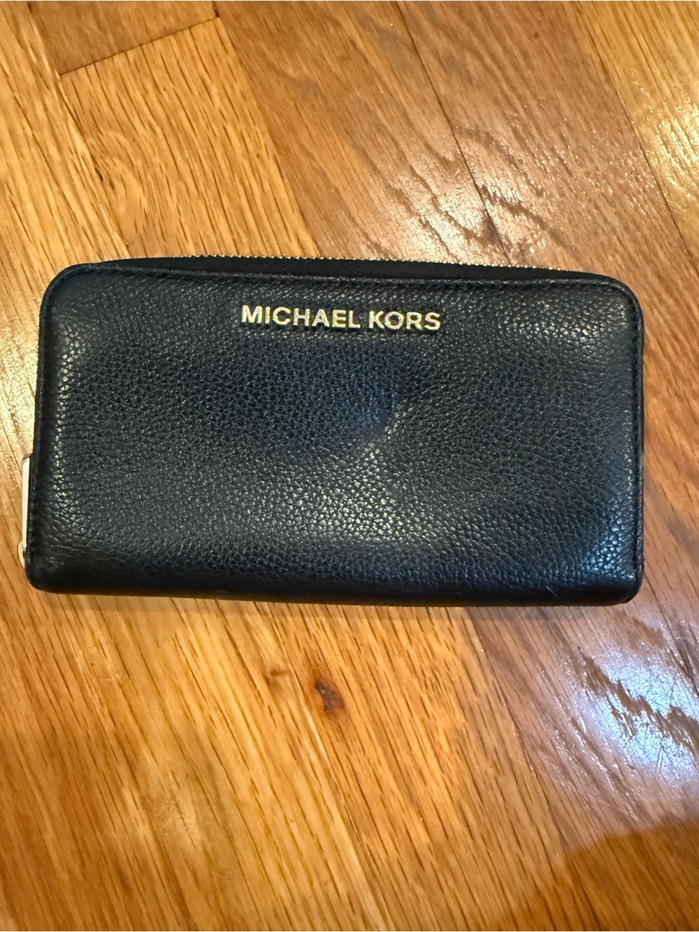 Michael Kors Black Pebbled Leather Zip-Around Wallet with Gold Logo
